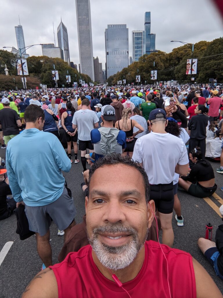 Scott Saffold joins thousands of runners at the start line of a major city marathon.